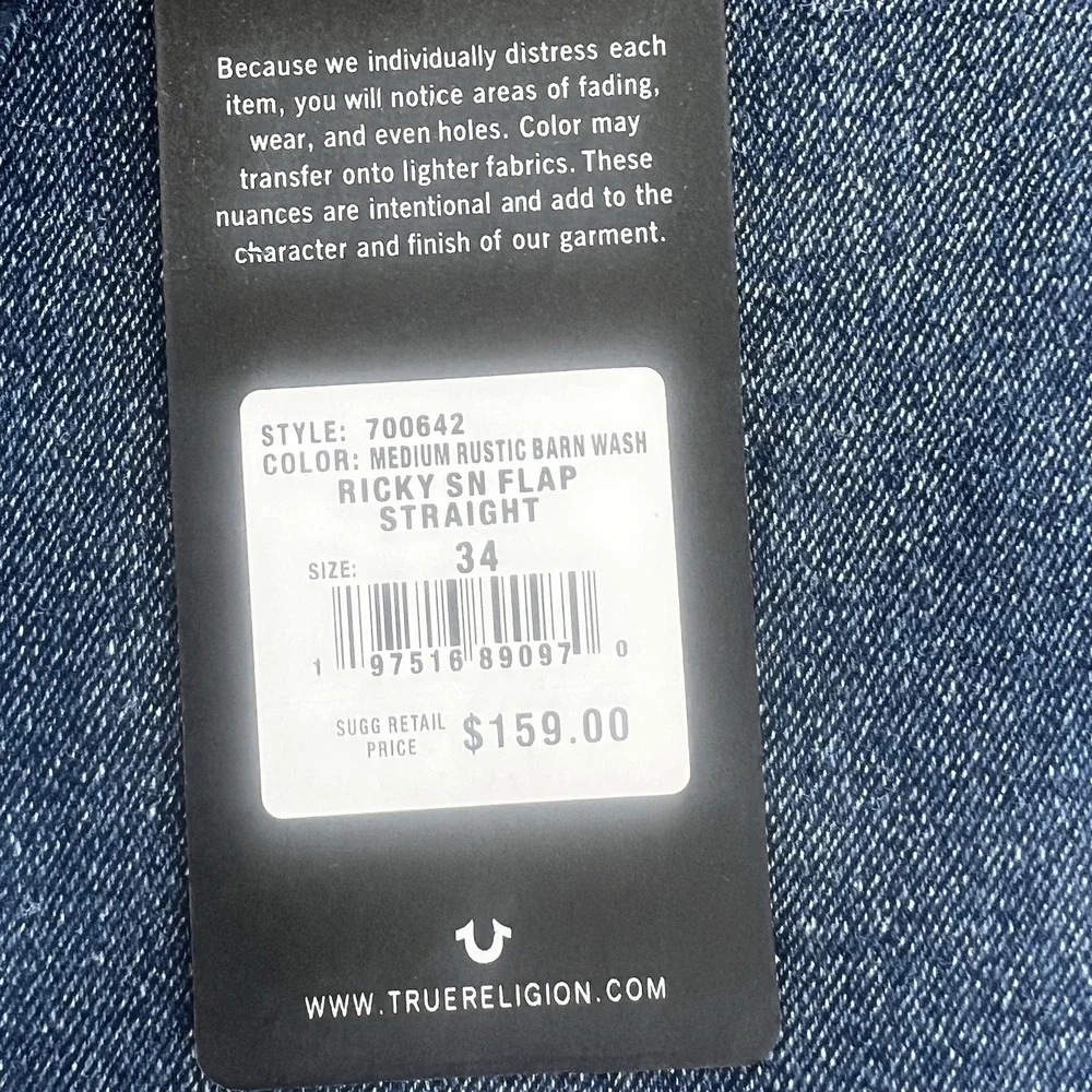True Religion Ricky Relaxed‎ Straight Jeans Men's 34x34 SN Flap Pocket NEW $159